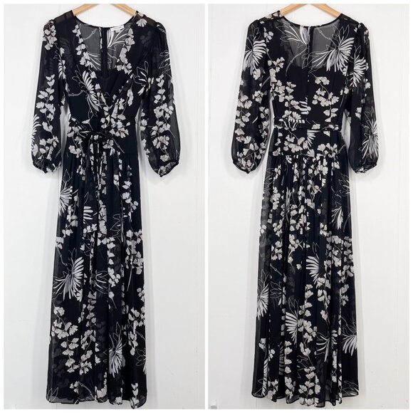 Calvin Klein Floral Maxi Dress Chiffon Lined Flowy Feminine Size 8 Black White - Picture 1 of 16